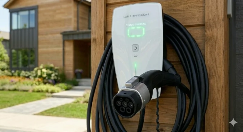 Level 2 home EV charging station wall-mounted on wood post with charging cable and connector, residential Connecticut install